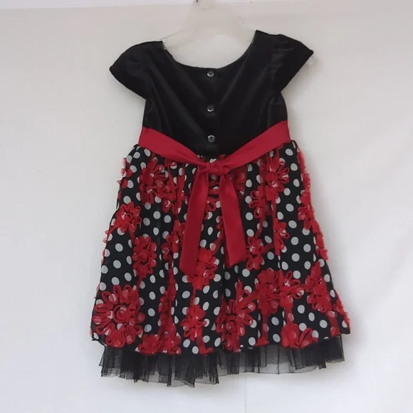 YOUNGLANDToddler Girls Festive Black, White, & Red Floral Dress, Size 3T